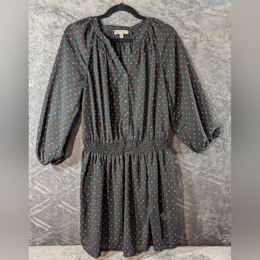 Love Fire Tunic Dress Women’s Medium Black Hearts Sheer  Boho Smocked Waist